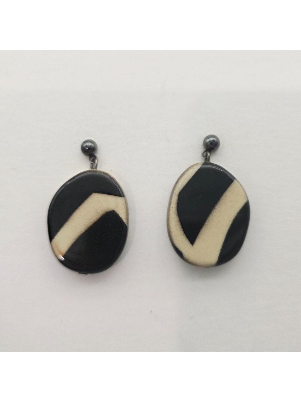 Handcrafted Black & White Glass Bead Dangle Earrings Silver Elements & Post Back